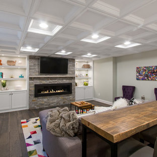 This is an example of a large traditional enclosed home cinema in Milwaukee with grey walls, medium hardwood flooring, a wall mounted tv and brown floors.