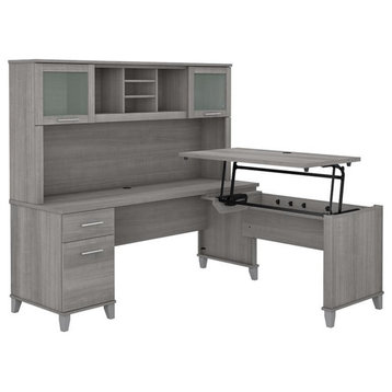 Pemberly Row 72W Sit to St& L Desk with Hutch in Platinum Gray - Engineered Wood