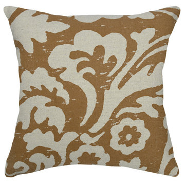 Jacobean Floral Printed Linen Pillow With Feather-Down Insert, Caramel