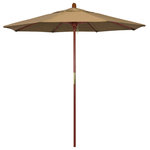 March Products - 7.5' Square Push Lift Wood Umbrella, Straw Olefin - The classic look of a traditional wood market umbrella by California Umbrella is captured by the MARE design series.  The hallmark of the MARE series is the beautiful 100% marenti wood pole and rib system. The dark stained finish over a traditional marenti wood is perfect for outdoor dining rooms and poolside d-cor. The deluxe push lift system ensures a long lasting shade experience that commercial customers demand. This umbrella also features Olefin fabrics, which are made with high durability synthetic Olefin fibers that offer improved fade resistance over lesser grade fabric materials like polyester and cotton.
