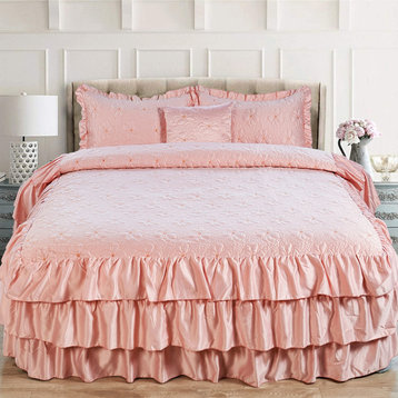 Matte Satin Ruffle 4 Piece Bed Spread Set, Pink, King