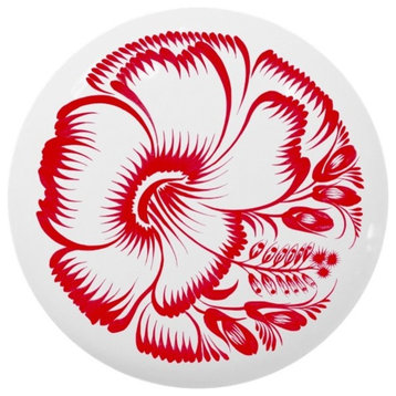 Folk Art Red Hibiscus Ceramic Cabinet Drawer Knob