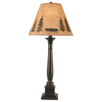 Distressed Black Square Candlestick Table Lamp With Canoe Shade