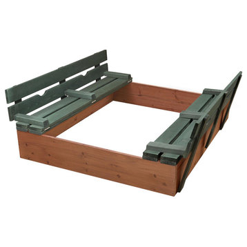 Covered Convertible Cedar Sandbox With Two Bench Seats, Natural/Green