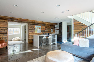 Basement - mid-sized transitional look-out concrete floor and gray floor basement idea with white walls