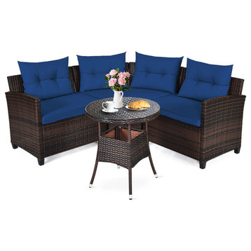 Costway 4PCS Outdoor Patio Rattan Furniture Set Cushioned Sofa Table Navy