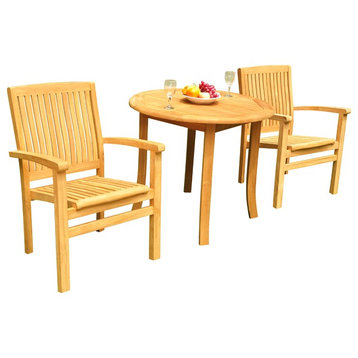 3-Piece Outdoor Teak Dining Set: 36" Round Table, 2 Wave Stacking Arm Chairs