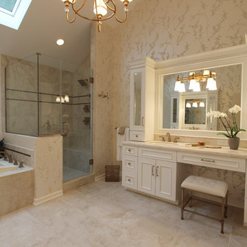 Elegant White Bathroom with Beige Tiled Shower