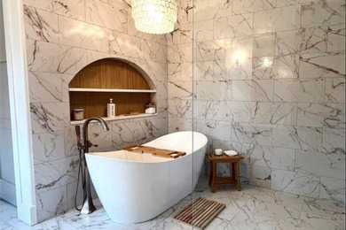 Bathroom - large contemporary master porcelain tile porcelain tile and multicolored floor bathroom idea in Birmingham with white walls and a niche