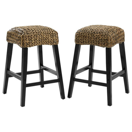 Bowery Hill Wood Bar Stool Chair Set of 2 in Black With Square Seat & Footrest