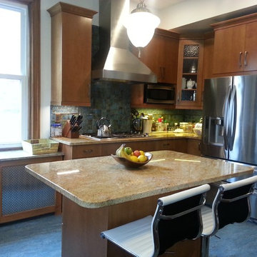 After: Refurbished antique light over the island. Fred's awesome radiator cover