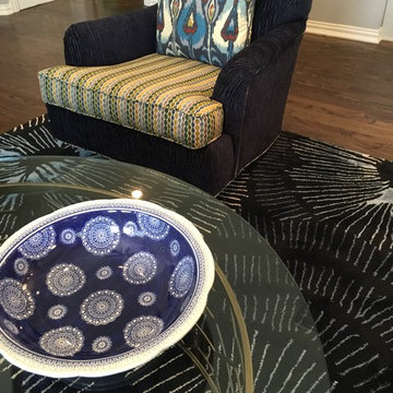 Blue and white Transitional Family Room