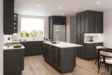 Inspiration for a large modern u-shaped eat-in kitchen remodel in San Francisco with an undermount sink, granite countertops, white backsplash, granite backsplash, an island and white countertops