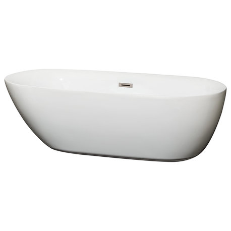 Melissa 71" Freestanding White Bathtub, Brushed Nickel Drain and Overflow Trim