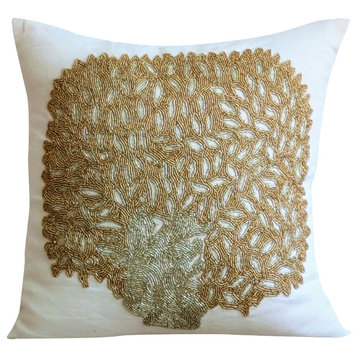 Ivory Throw Pillow Covers 16"x16" Cotton, Gold Oak Tree
