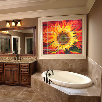 Vibrant Sunflower Glass Tile Mural Above Soaking Tub