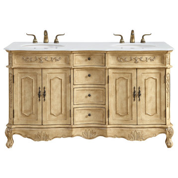 60" Double Bathroom Vanity, Antique Beige With Ivory White Engineered Marble