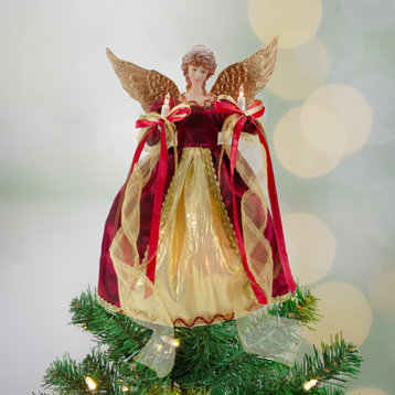 13.5" Lighted Red and Gold Angel With Wings Christmas Tree Topper, Clear Lights