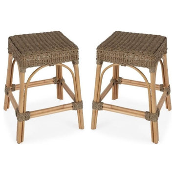 Home Square 24.5" Rattan & Mendong Grass Counter Stool in Brown - Set of 2