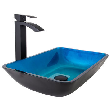 VIGO Turquoise Water Glass Vessel Sink and Duris Faucet Set, Matte Black