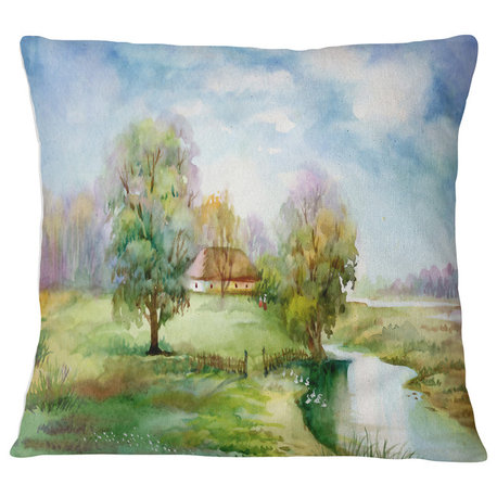 Village Life Landscape Printed Throw Pillow, 18"x18"