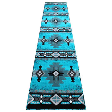 Angie Collection Runner 2' x 11' Turquoise Southwestern Style Area Rug