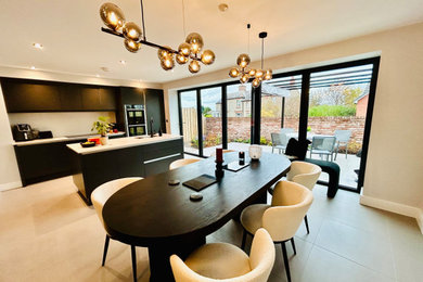 Photo of a large modern grey and black living room in Other with ceramic flooring, grey floors and feature lighting.