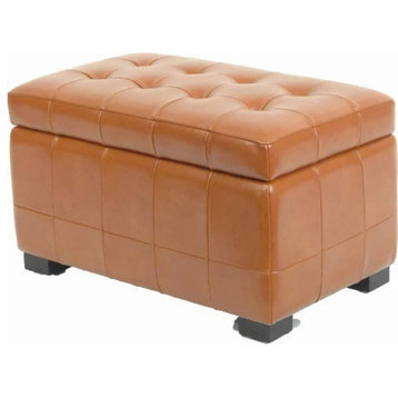 Contemporary Storage Ottoman, Square Stitched Faux Leather Upholstery, Saddle