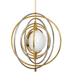 Jonathan Adler - Electrum Kinetic Chandelier - The perfect blend of minimalism and modernism. A glowing orb surrounded by Space Age-inspired rings of polished brass and nickel. The movable rings offer endless versatility: flatten the rings into concentric circles for a clean graphic vibe, or send them into orbit for a groovy-yet-oddly-traditional feel.