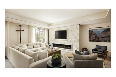 デンバーにある中くらいなトランジショナルスタイルのおしゃれなLDK (白い壁、淡色無垢フローリング、標準型暖炉、石材の暖炉まわり、埋込式メディアウォール、茶色い床) の写真