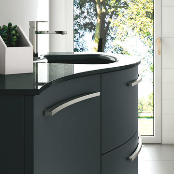 Modern curved dark grey and black bathroom vanity