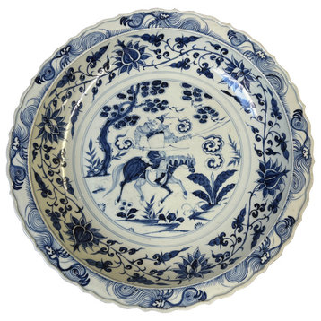 Chinese Blue & White Porcelain Horse Warrior Display Charger Plate Hws3093