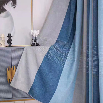 QYFL224A On Sales Petrel Blue Grey Stripe Chenille Custom Made Curtains