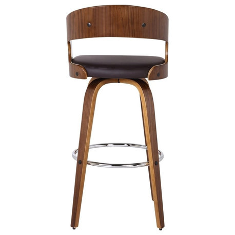 Shelly 30" Barstool, Walnut Wood Finish With Brown PU