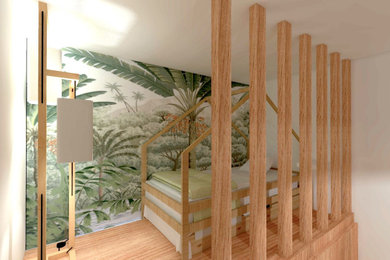 Diseño de dormitorio infantil de 4 a 10 años nórdico de tamaño medio con paredes multicolor y suelo de linóleo