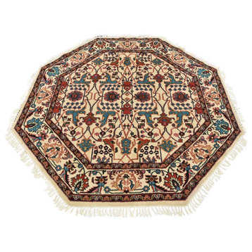 Agra Carpet 7′ x 7′ Octagonal Ivory Wool Traditional Hand-Knotted Oriental Rug