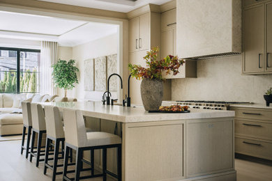 Example of a transitional light wood floor and beige floor kitchen design in Chicago with beige cabinets, quartzite countertops, stone slab backsplash, paneled appliances and an island