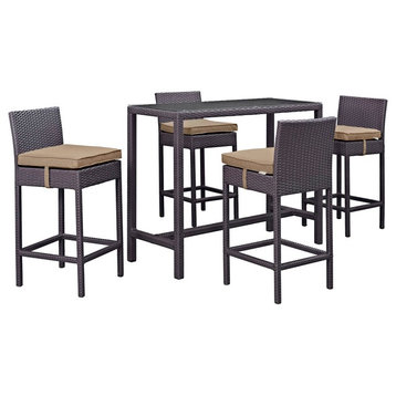 Modern Urban Outdoor Patio 5-Piece Pub Bar Chairs and Table Set, Brown, Rattan