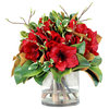 Holiday Amaryllis and Magnolia Leaves In Glass Vase Faux Floral Arrangement