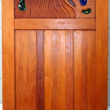 Old growth cypress pedestrian gate with fused glass