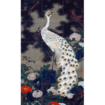 Tile Mural Japanese pattern white peacock Backsplash 4.25" Ceramic Matte