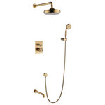 Modland - 3-Function Complete Shower System With Tub Spout And Rough-In Valve In Embedded, Brushed Gold - This complete shower system takes pure and simple geometric forms and composes them into an expression of modern luxury. The shower head can cover the whole body during the shower and easily rinse the foam on the body. The handheld shower allows you for targeted cleaning, filling buckets and bathing pets with ease. The shower tub faucet provides elegance and functionality for your bath. You can easily adjust the water temperature by spinning the knob handle. Outstanding performance, simplified installation and easy operation make this the perfect addition to any home.