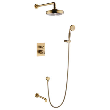 3-Function Complete Shower System With Tub Spout And Rough-In Valve In Embedded, Brushed Gold