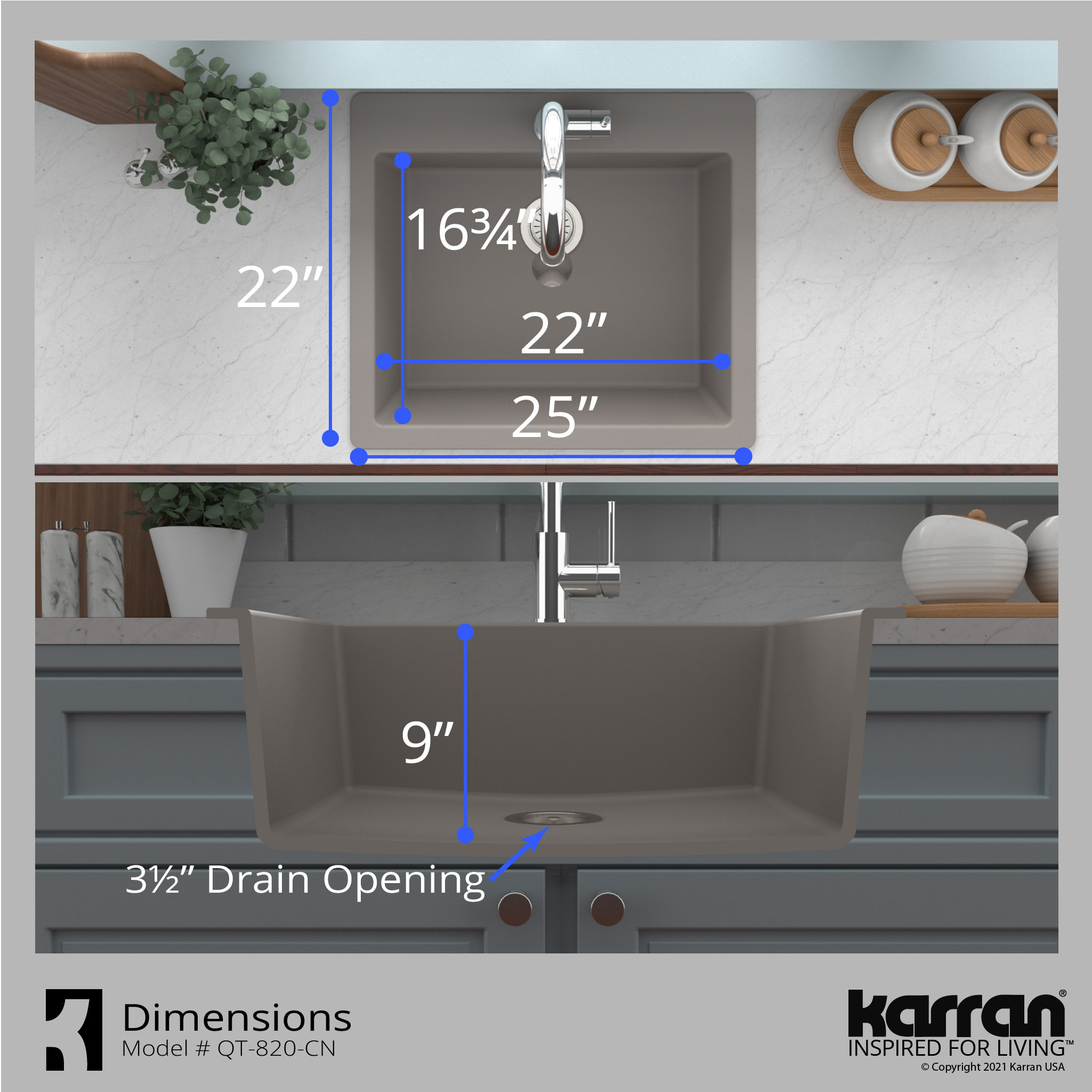 Karran QT-820 Top Mount 25" Single Bowl Quartz Kitchen Sink Kit, Concrete