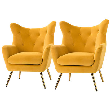 Upholstered Accent Chair With Tufted Back, Set of 2, Mustard