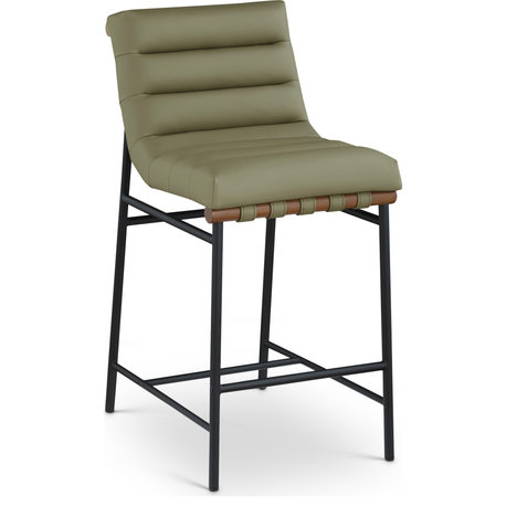 Burke Upholstered Counter Stool, Green, Vegan Leather, Walnut Veneer Metal Dowel