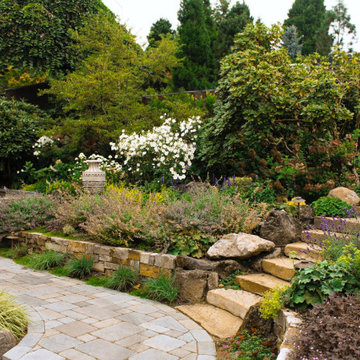 Curved stone walkway through established garden beds