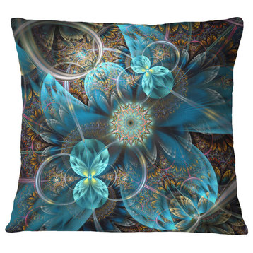 Fractal Blue Flowers Floral Throw Pillow, 16"x16"