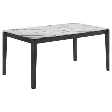 Contemporary Dining Table, Hardwood Legs With Elevated Faux Marble Top, White