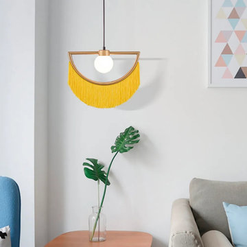 Stylish Yellow Fringe Pendant Light Half-Moon Gold Ceiling Lamp